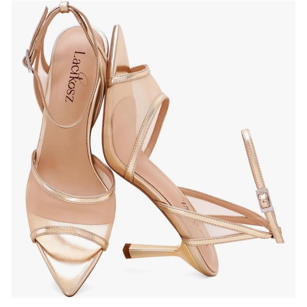 Lacikosz M203 Womens Gold Metallic Mesh Pointed Open Toe Stiletto Heels Size 7.5